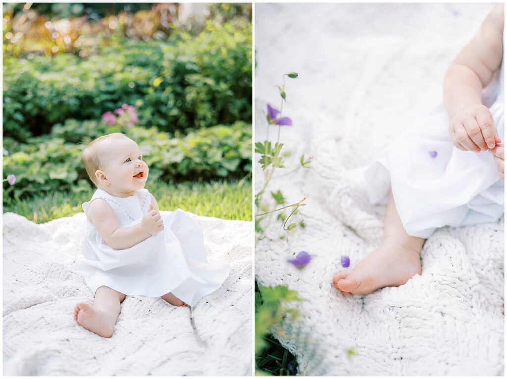 Milestone session with one year old outside on blanket