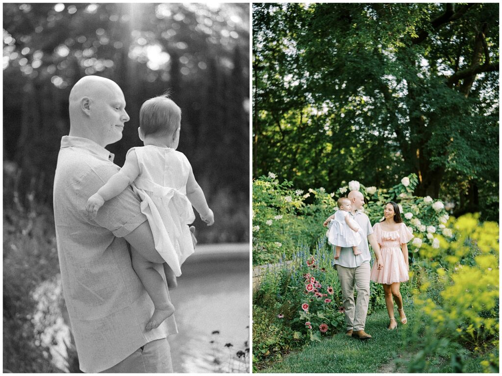 Family of three walk on garden path during milestone session