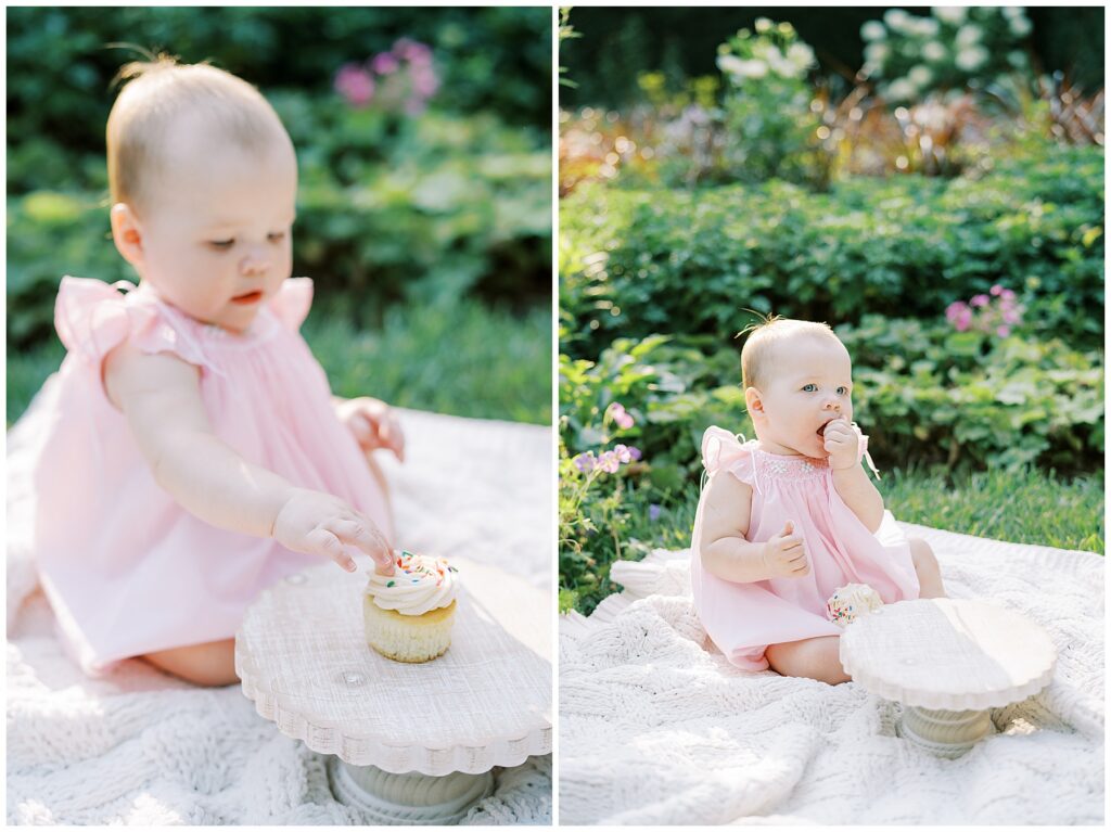 Cake smash session with cupcake in garden during first birthday milestone photo session in Indianapolis