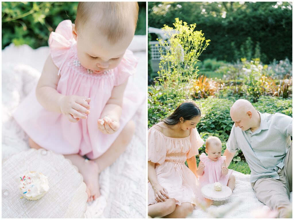 Cake smash session with cupcake in garden during first birthday milestone photo session in Indianapolis