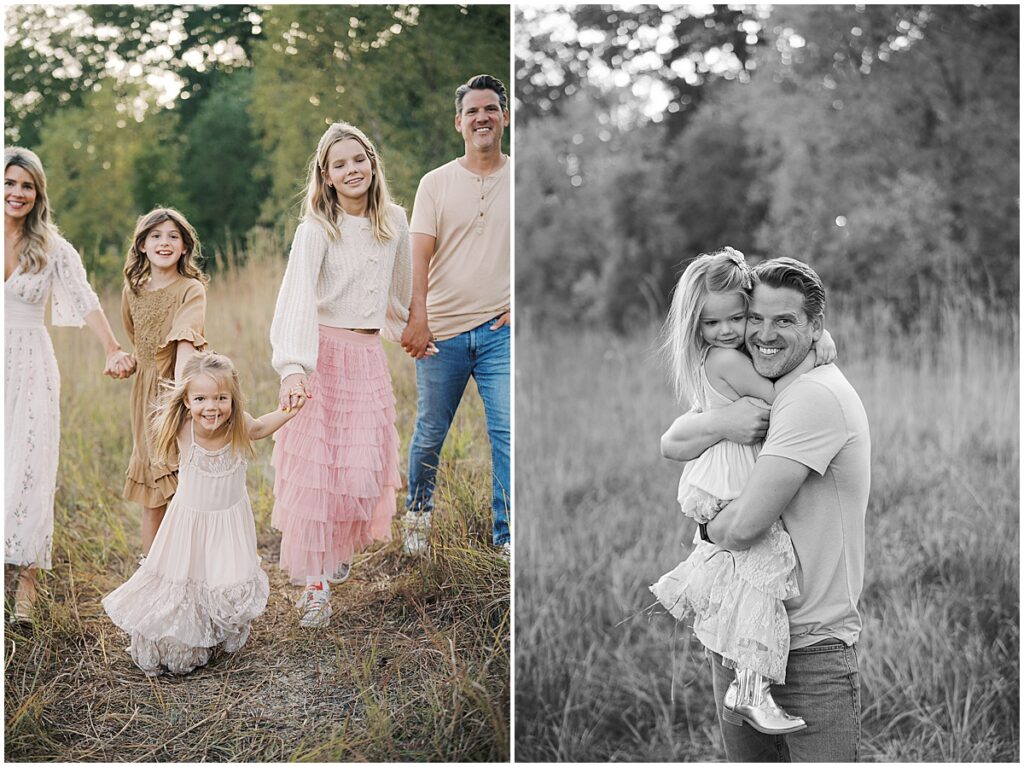 Dad hugs daughter in white dress during Carmel, Indiana Mini Session
