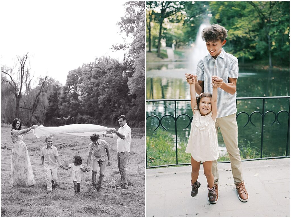 Siblings laugh together at Holcomb Gardens Family Photos in Indianapolis, Indiana